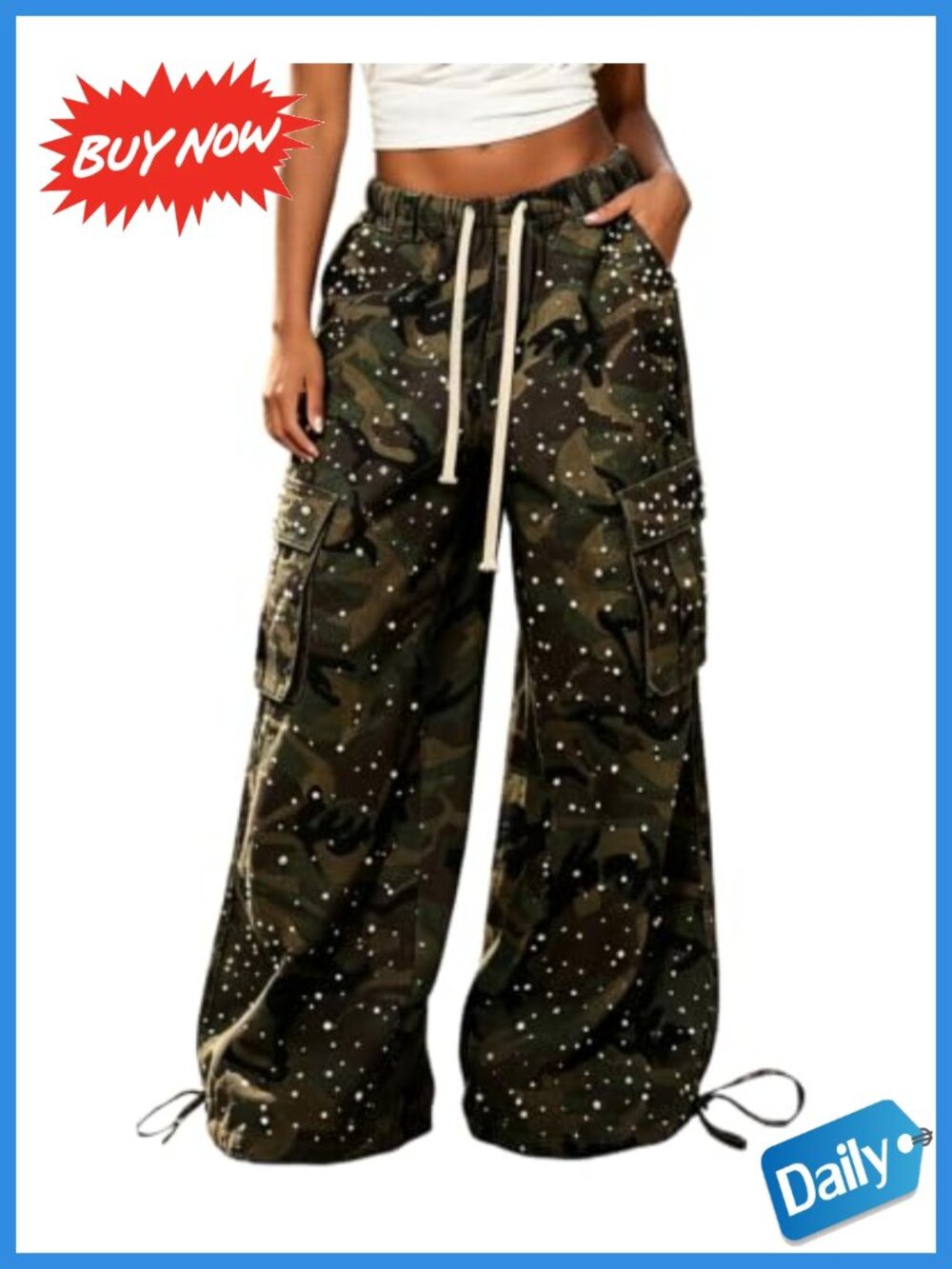 Women's Wide Leg Cargo Camo Pants High Waist Drawstring Stretch